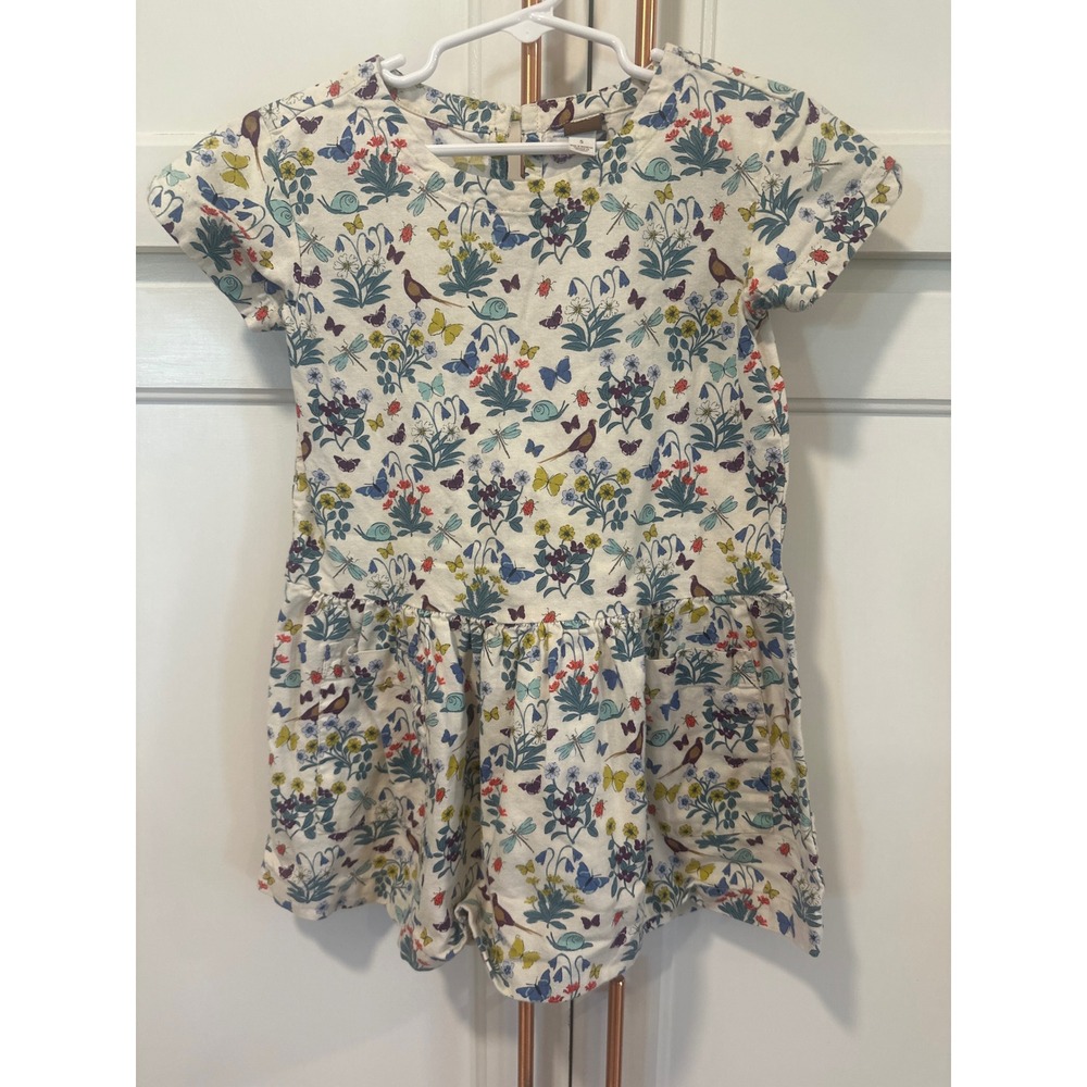 Tea Collection Girls Size 5 Garden Print Short Sleeve Pocket Dress Cream boho
